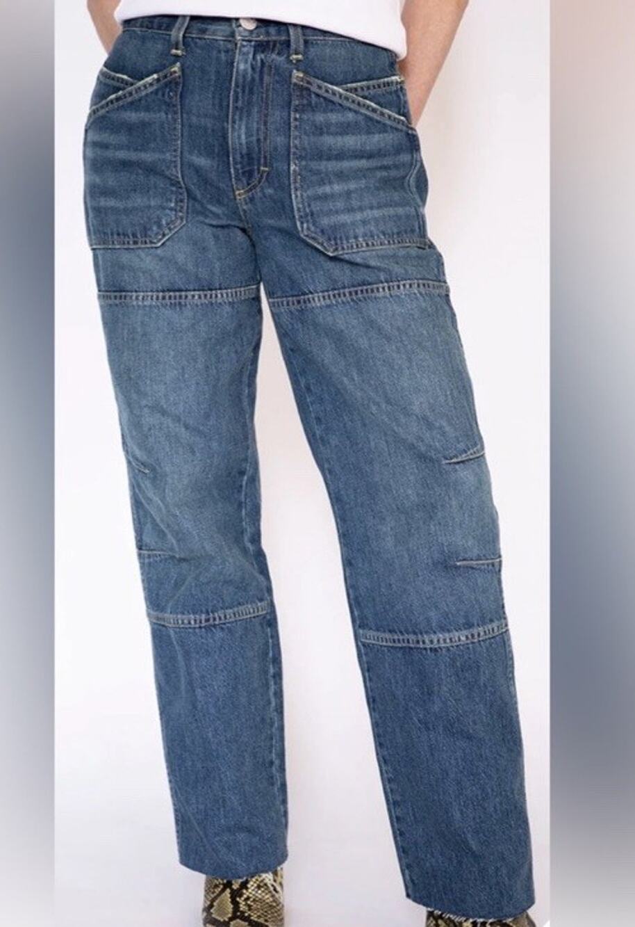 AMO Doris Utility Jeans In Tease Wash Size 29 Wide Web Barrel